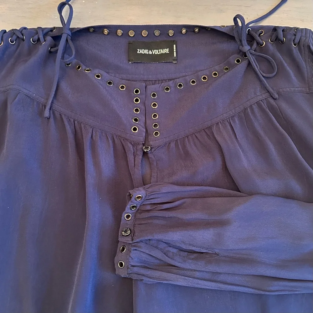 Zadig & Voltaire Tirate Blouse Small Navy Blue long sleeves Tie Shoulders - Picture 9 of 10